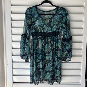 Whimsigoth Fairy Goth Sheer Paisley Sequin Lace Bell Sleeve Babydoll Dress S